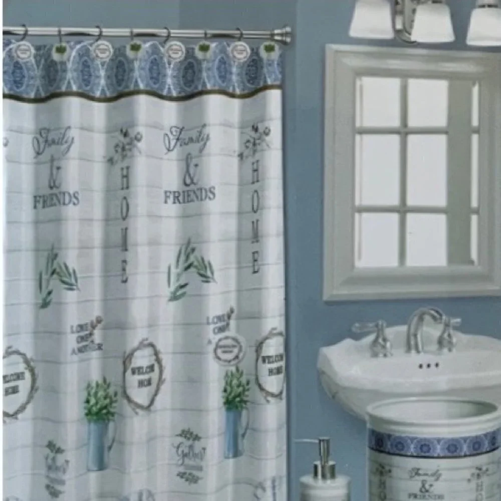 Modern Farmhouse Fabric Shower Curtain White Blue Multicolor 72 in X 72 in
